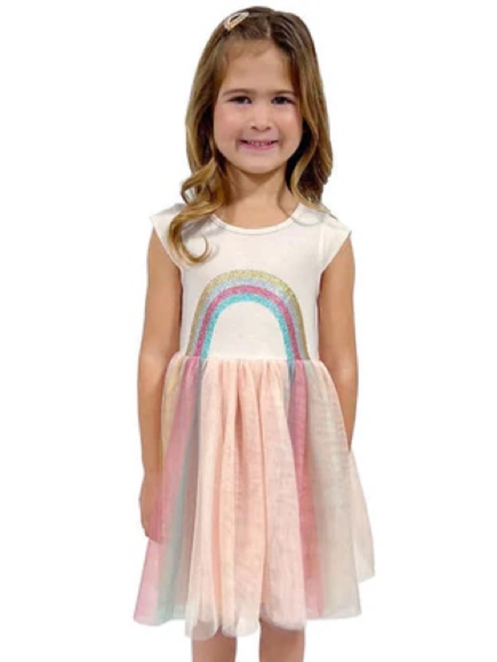Zunie Cream Dress with Pastel Rainbow Applique